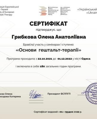 Член Національної асоціації гештальт-терапевтів України, з 2021 року, 2 ступінь (в навчанні)