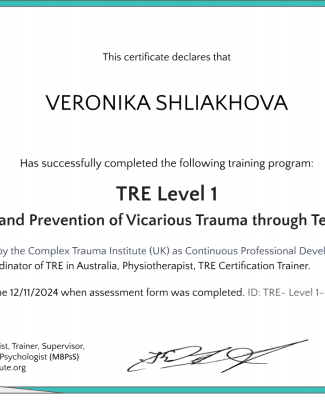 Certificate - TRE Рівень 1 – Тілесно-орієнтована самодопомога та профілактика вікарної травми через вправи на зняття напруги.png